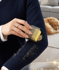 Hand of a woman using Bepety Washable Pet Hair Roller on a dark navy sweater to remove dog hair