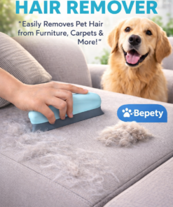 Bepety Effective Pet Hair Remover tool removing dog hair from a gray sofa